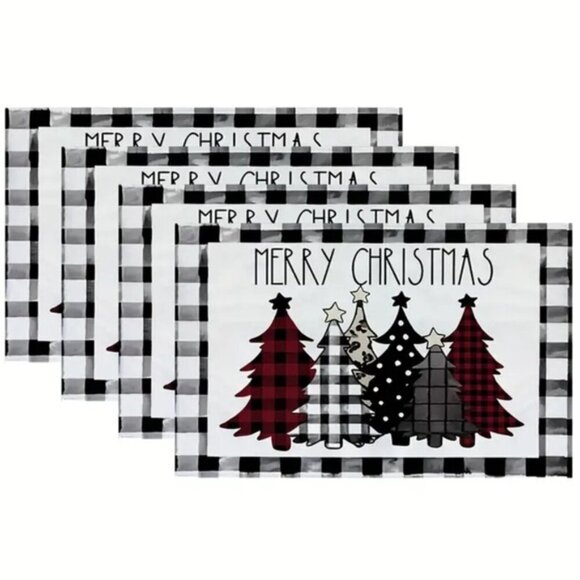 Christmas Placemats Trees Buffalo Plaid Placemats Black White 12 x 18 4 PC Set - Picture 1 of 16